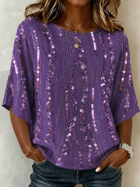 Crew Neck Half Sleeve Random Print Printing Regular Micro-Elasticity Loose Blouse For Women