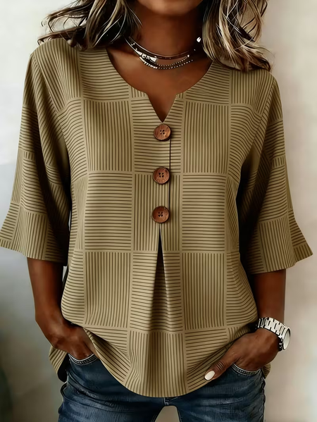 

Women Striped V Neck Half Sleeve Blouse Printing Vintage Daily Summer Top, Brown, Blouses