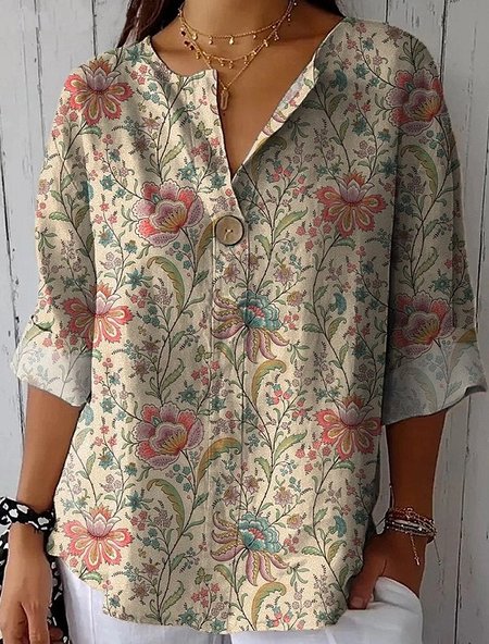 V Neck Half Sleeve Floral Regular Loose Shirt For Women