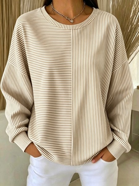 

Casual Crew Neck Striped Sweatshirt, Khaki, Hoodies & Sweatshirts