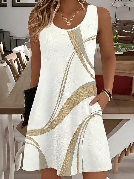 Women Abstract Summer Printing Dress Crew Neck Sleeveless Tank A-Line Dress