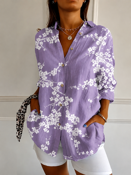 Shirt Collar Long Sleeve Abstract Regular Micro-Elasticity Loose Shirt For Women