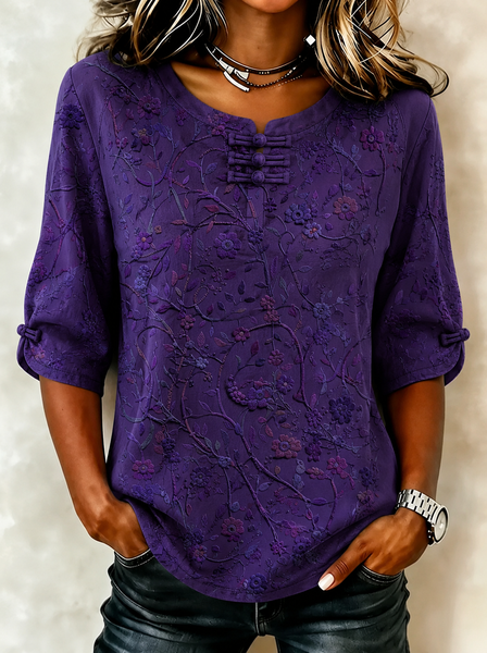

Crew Neck Half Sleeve 3D Printing Regular Regular Fit Blouse For Women, Purple, Blouses