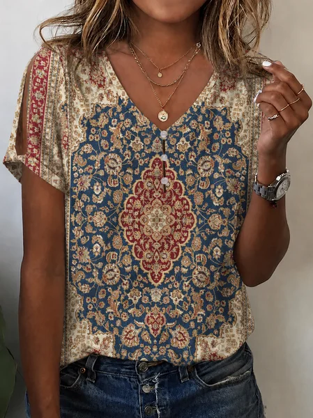 Vintage Floral V Neck Short Sleeve T-shirt
