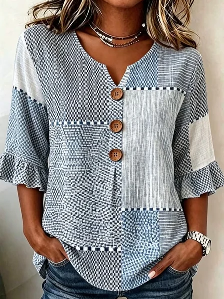 V Neck Half Sleeve Abstract Printing Regular Micro-Elasticity Regular Fit Blouse For Women