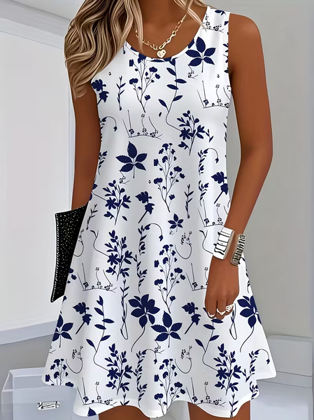 Women Floral Summer Printing Dress Crew Neck Sleeveless Tank A-Line Dress