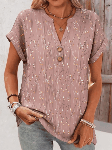 Vintage Leaf V Neck Short Sleeve T-shirt