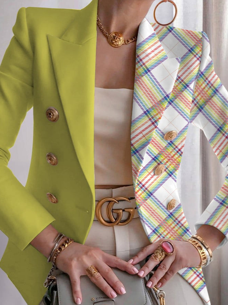 

Elegant Shoulder Pad Color Block Plaid Geometric Lapel Collar Blazer, Green, Blazers