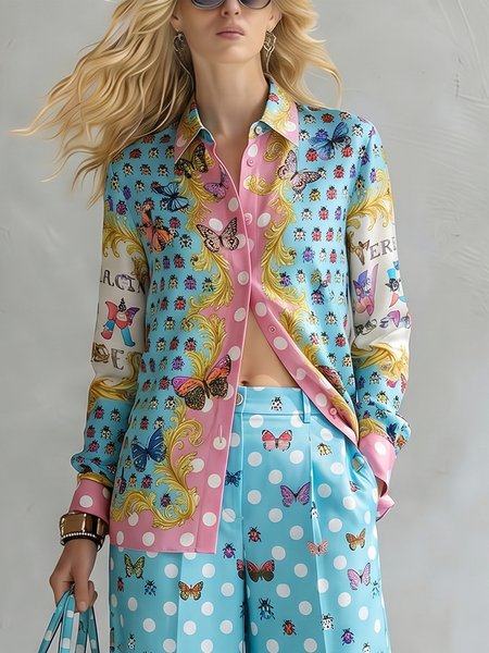 

Urban Polka Dots Printing Shirt Collar Shirt, Blue, Blouses and Shirts