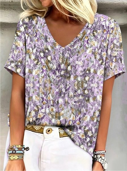 Casual Floral V Neck Short Sleeve T-shirt