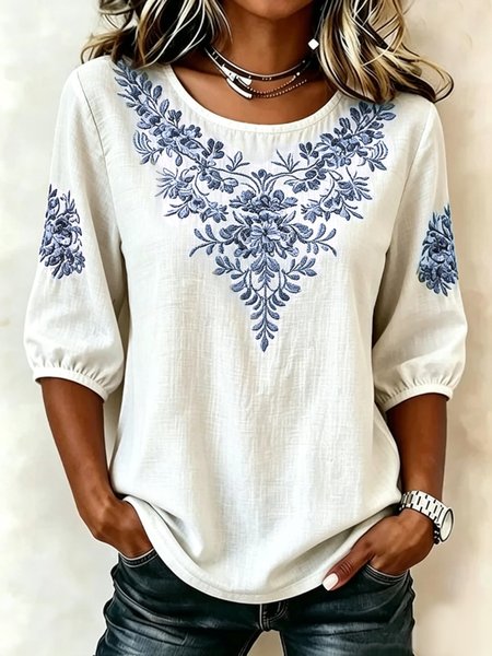 Crew Neck Half Sleeve Floral Printing Regular Micro-Elasticity Loose Blouse For Women