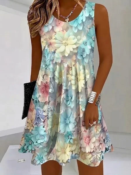 Women Floral Summer Dress Crew Neck Sleeveless Tank A-Line Dress