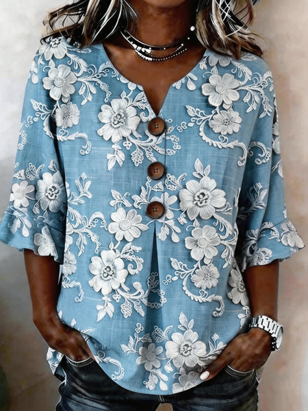V Neck Half Sleeve Floral Regular Micro-Elasticity Regular Fit Blouse For Women