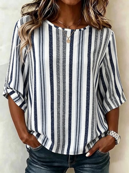Crew Neck Half Sleeve Abstract Stripes Printing Regular Micro-Elasticity Loose Blouse For Women