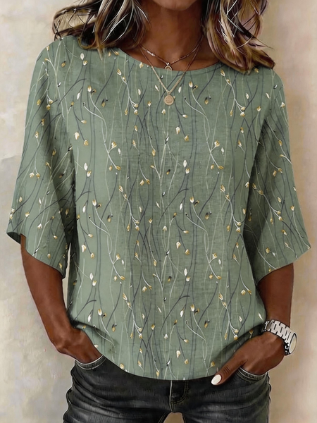 Crew Neck Half Sleeve Leaf Regular Micro-Elasticity Regular Fit Blouse For Women