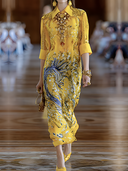

Urban 3D Printing Shirt Collar Maxi Dress, As picture, Maxi Dresses