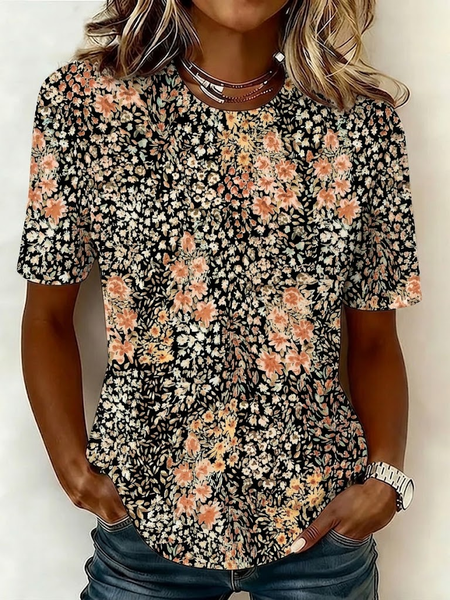

Casual Floral Crew Neck Short Sleeve T-shirt, As picture, T-shirts