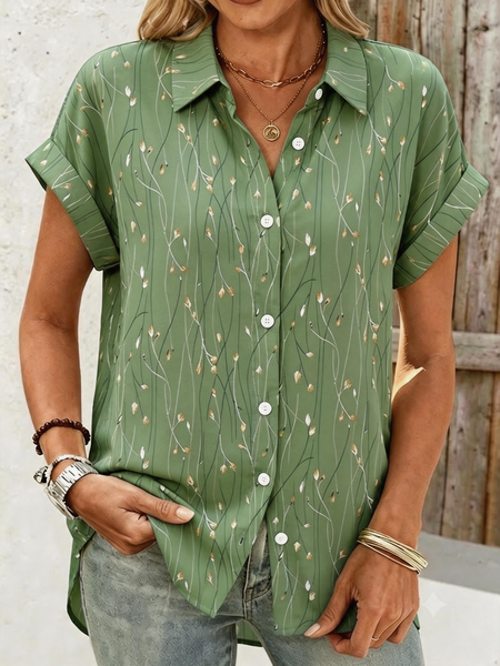 Shirt Collar Short Sleeve Leaf Regular Micro-Elasticity Loose Button Up Shirt Shirt For Women