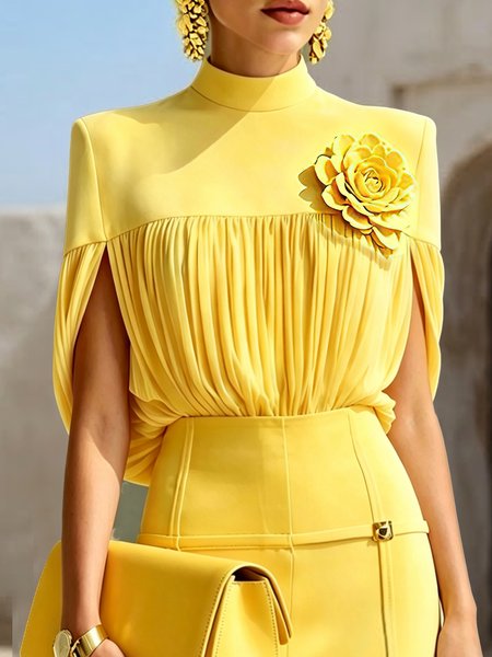 Elegant Plain Ruched Stand Collar Blouse