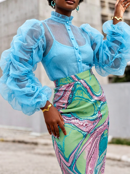 

Elegant Plain Gathered Lotus Leaf Collar Shirt, Blue, Blouses and Shirts