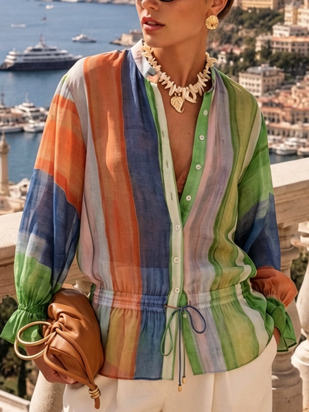 

Vacation Striped Printing Shirt, As picture, Blouses and Shirts
