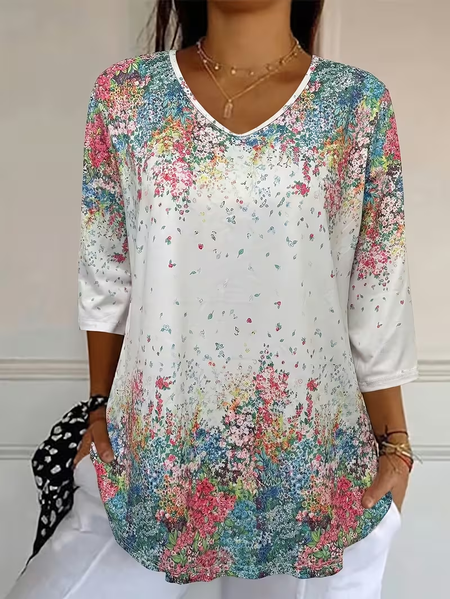 Casual Floral V Neck Three Quarter Sleeve T-shirt