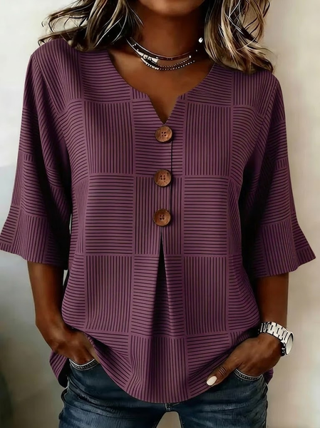 V Neck Half Sleeve Striped Printing Regular Micro-Elasticity Regular Fit Blouse For Women