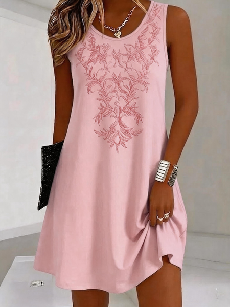 Women Floral Summer Dress Crew Neck Sleeveless Tank A-Line Dress