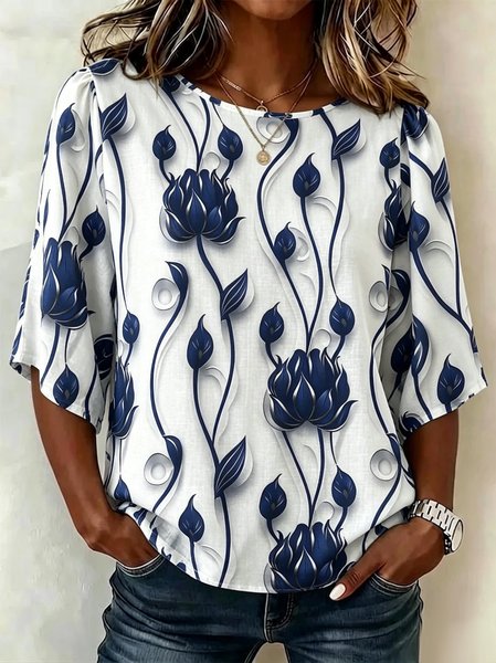 Crew Neck Half Sleeve Plants Printing Regular Micro-Elasticity Loose Blouse For Women