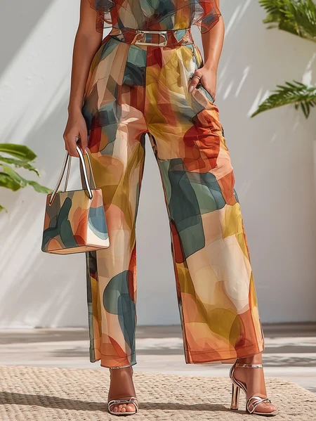 Urban Color Block Geometric Straight Pants With Belt