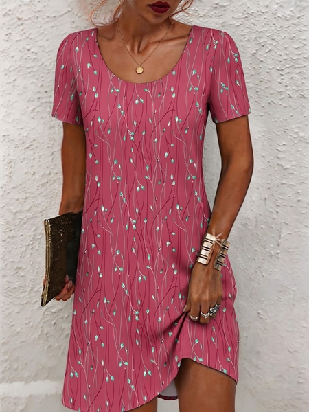 Women Leaf Summer Dress Crew Neck Short Sleeve Tunic H-Line Dress