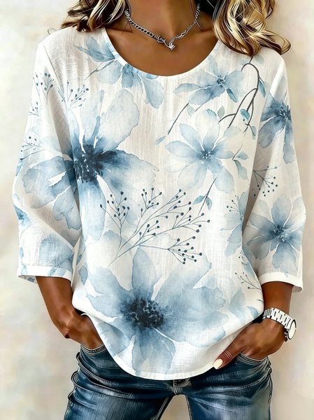 Crew Neck Half Sleeve Plants Printing Regular Micro-Elasticity Loose Blouse For Women