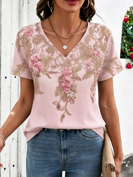 Casual Floral V Neck Short Sleeve T-shirt