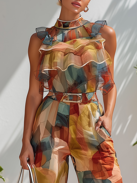 Urban Color Block Printing Peplum Mock Neck Blouse