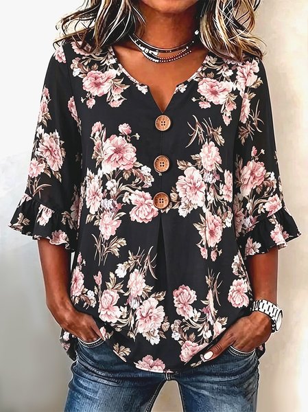 V Neck Half Sleeve Floral Regular Regular Fit Blouse For Women