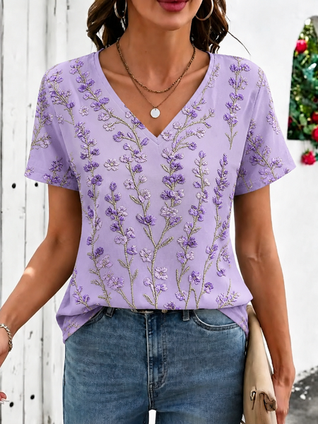 

Casual Floral V Neck Short Sleeve T-shirt, Purple, T-shirts