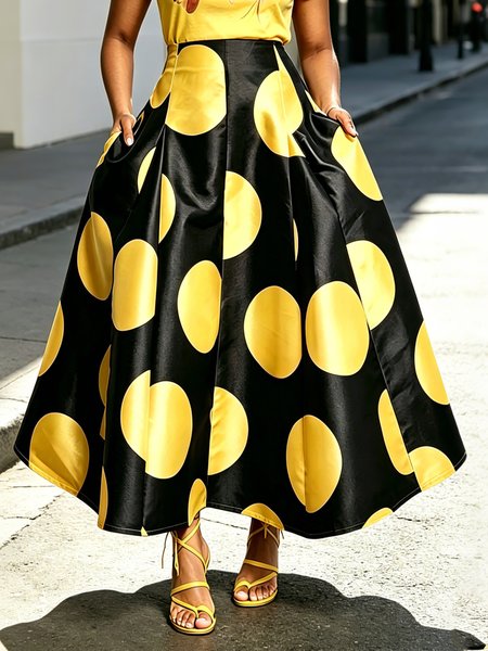 Urban Printing Color Block Polka Dots Maxi Skirt
