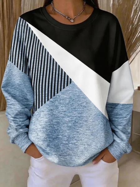 Casual Crew Neck Striped Sweatshirt