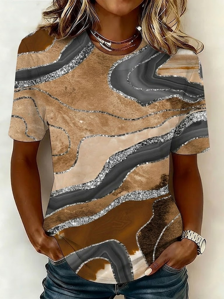 

Women Abstract Short Sleeve Tee T-shirt Crew Neck Printing Casual Graphic Tee Summer Top, Brown, T-Shirts