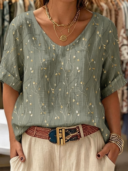 Crew Neck Short Sleeve Leaf Regular Loose Blouse For Women