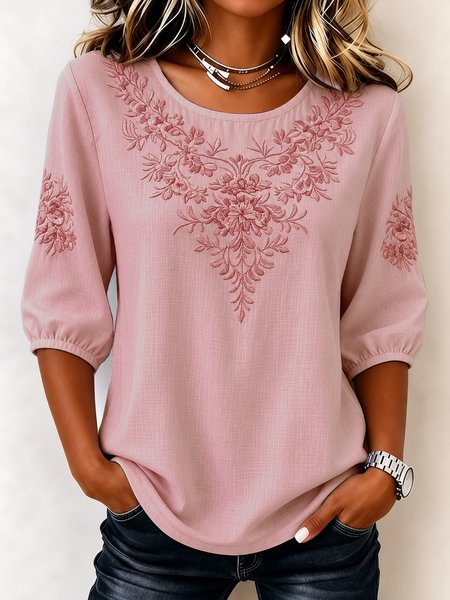 Crew Neck Half Sleeve Floral Printing Regular Micro-Elasticity Loose Blouse For Women