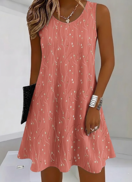 Women Leaf Summer Dress Crew Neck Sleeveless Tank A-Line Dress