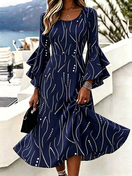 

Women Striped Bell Sleeve Summer Dress V Neck Half Sleeve A-Line Dress, Navyblue, Dresses
