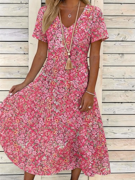 Women Floral Summer Dress V Neck Short Sleeve A-Line Dress