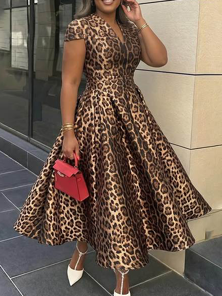 Elegant Leopard V Neck Maxi Dress
