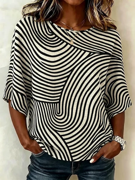 Crew Neck Half Sleeve Abstract Stripes Printing Regular Micro-Elasticity Loose Blouse For Women