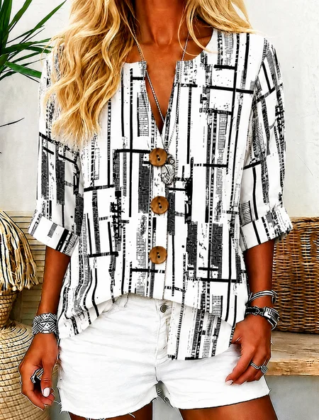 Stand Collar Three Quarter Sleeve Abstract Graphic Regular Loose Shirt For Women