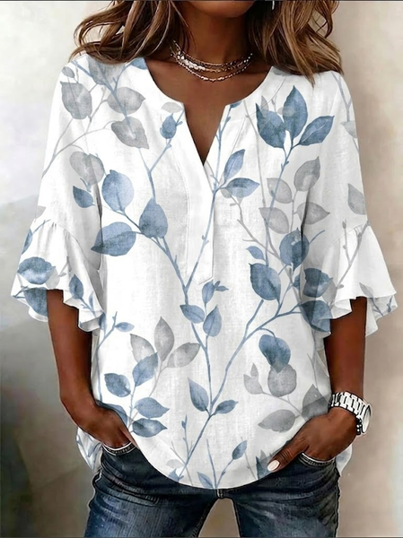 V Neck Half Sleeve Floral Printing Regular Loose Shirt For Women