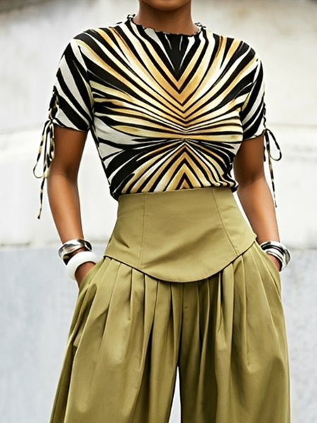 

Casual Abstract Graphic Stand Collar T-shirt, As picture, Tees
