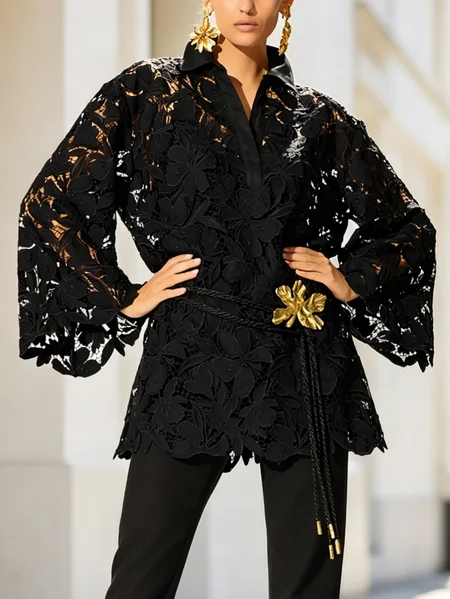 Elegant Plain Lace Blouse With Belt